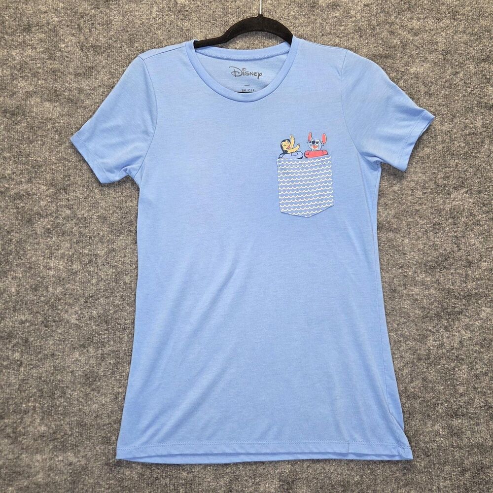 Disney Shirt Womens Small Blue Lilo & Stitch Pocket Graphic T Shirt Short Sleeve